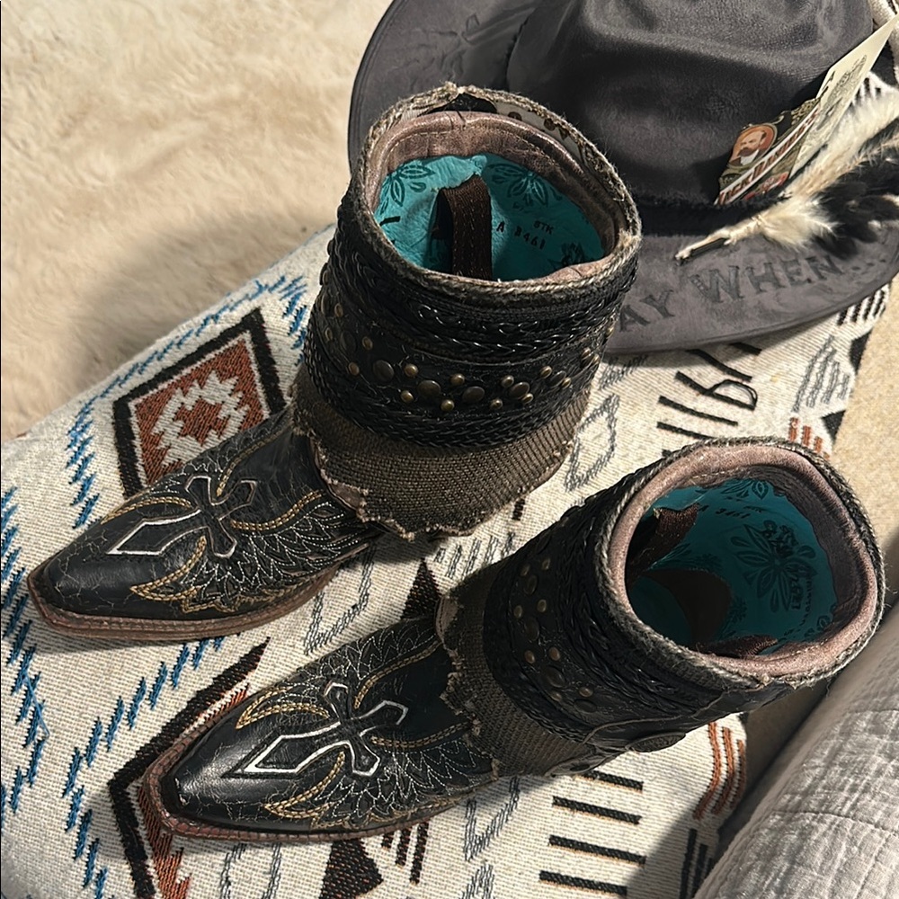 Corral Black and Brown Embroidered Ankle Boots